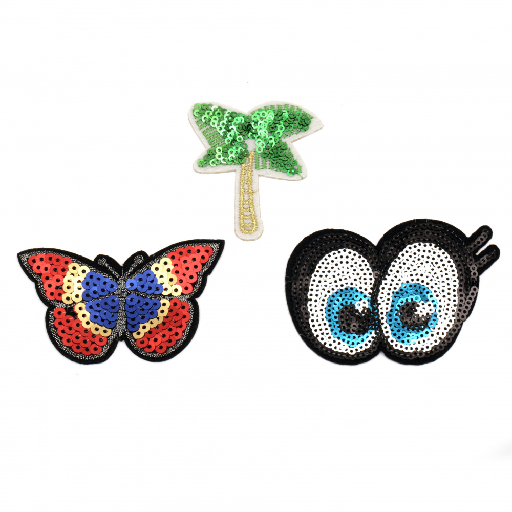 Лепящи апликаци 3 броя 55~60 мм палма пеперуда очички с пайети