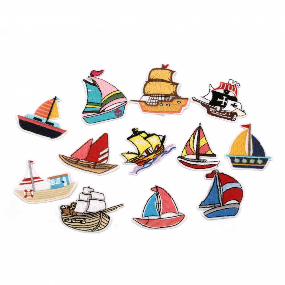  Embroidered Iron On Boat Ship Patch for Cloths, Pants, Hats, Jeans and more! 49.5~67.5x47.5~66x1.5 mm, ASSORTED Vessel, available in different shapes you can choose from
