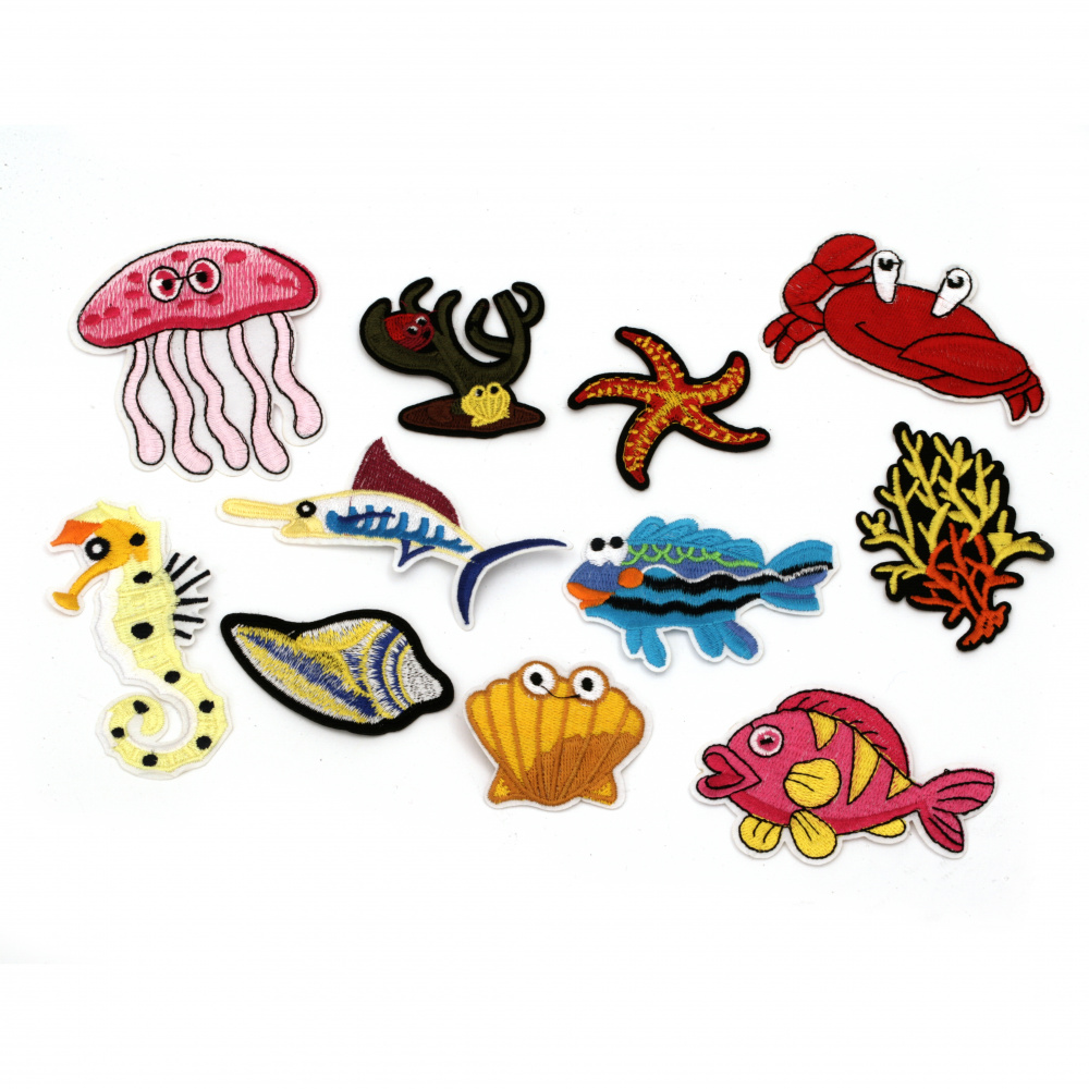Embroidered Iron On Marine Creature Patch for Cloths, Pants, Hats, Jeans and more! 50~109x41~91x1.5 mm, ASSORTED Sea Design, available in different shapes and sizes