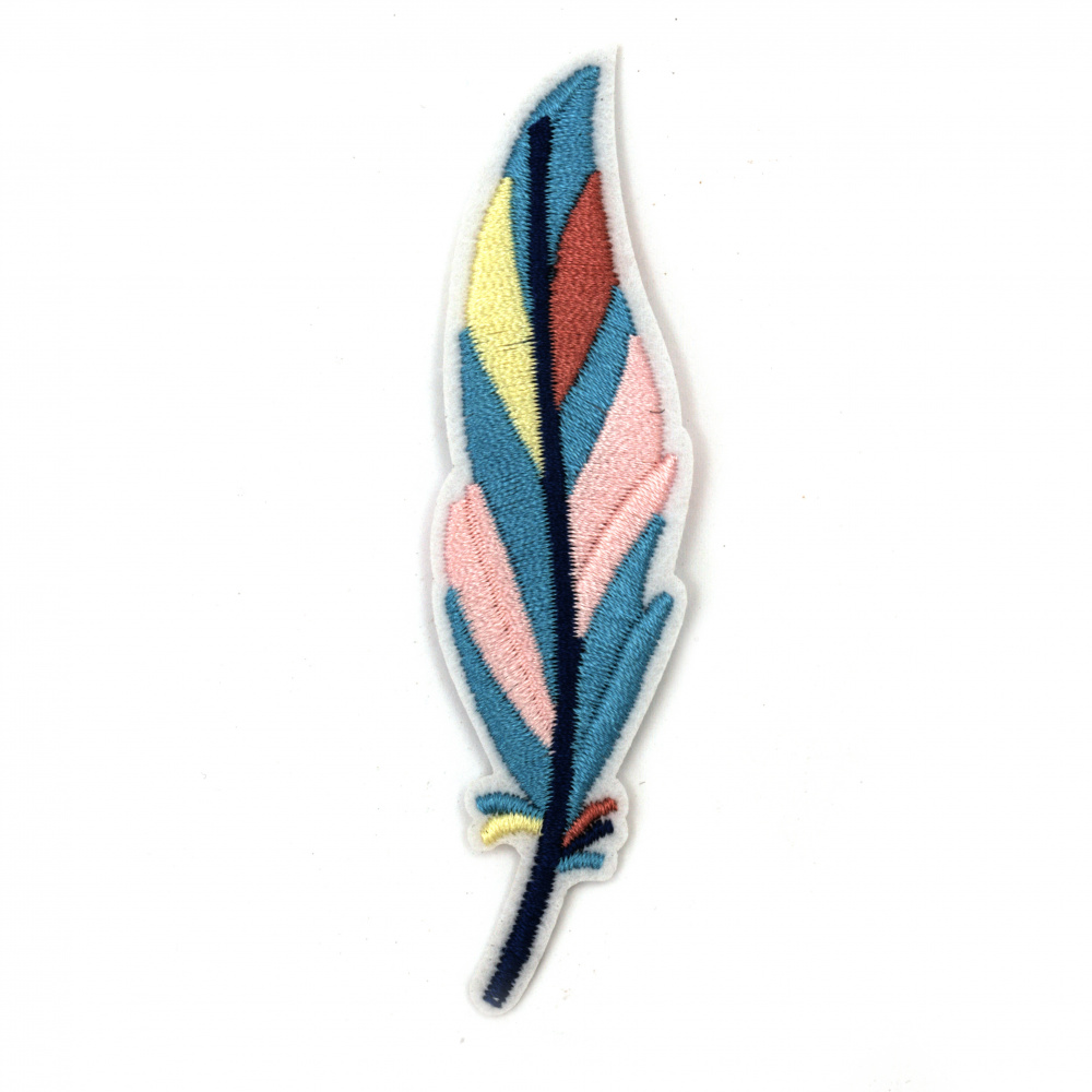Embroidered Iron on Sew on Applique, Feather Patch for decorating jackets, bags, jeans etc., Size: 94x25x1.5 mm, Colorful Feather Design