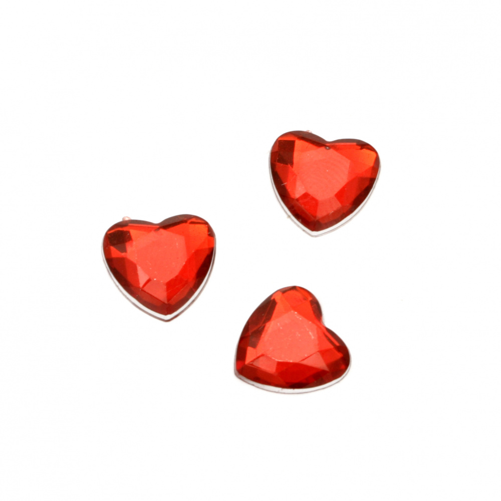 Καρδιά, ακρυλική πέτρα για κόλλημα 12 χιλ. κόκκινη πολύπλευρη - 50 τεμάχια