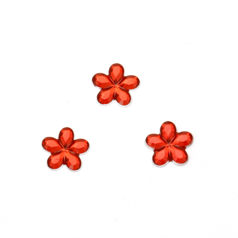 Acrylic Stick-On Stones, Flower-Shaped, 10 mm, Red, Transparent, Faceted - 50 Pieces