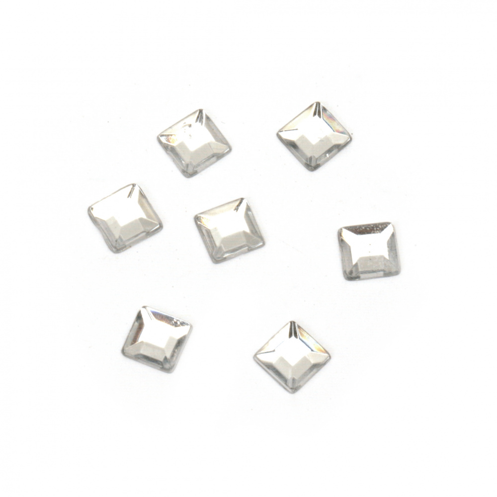 Acrylic Stick-On Stones, 6 mm Square, White Color, Faceted - 50 Pieces