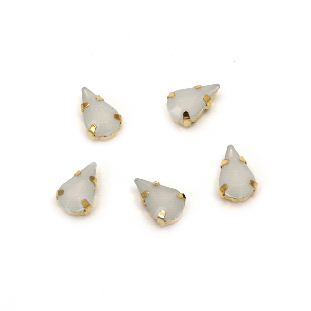 Acrylic Sew-On Stone with Metal Base, Gold, 6x10 mm, Teardrop, First Quality, Milky White - 20 Pieces