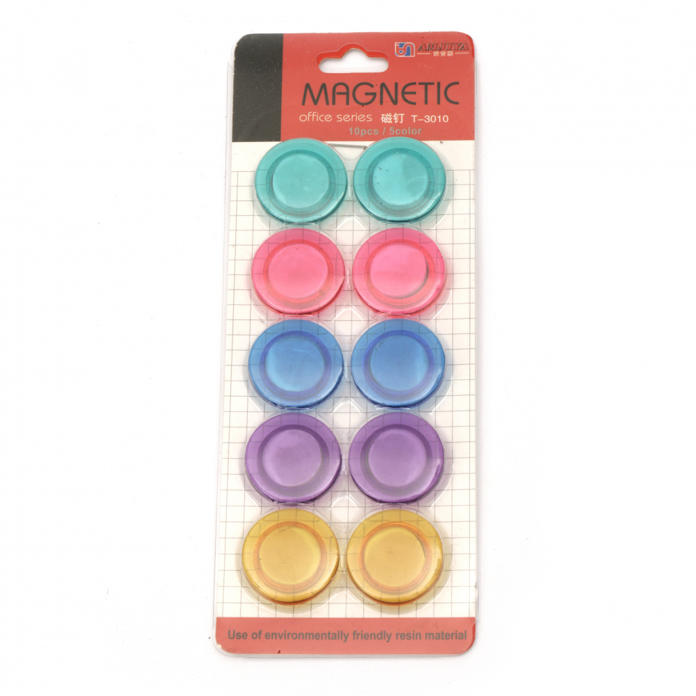 Round Plastic Magnets / 30x7 mm / 5 colors - 10 pieces