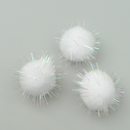White Glitter Pompoms with Lame RAINBOW Thread / 30 mm - 10 pieces