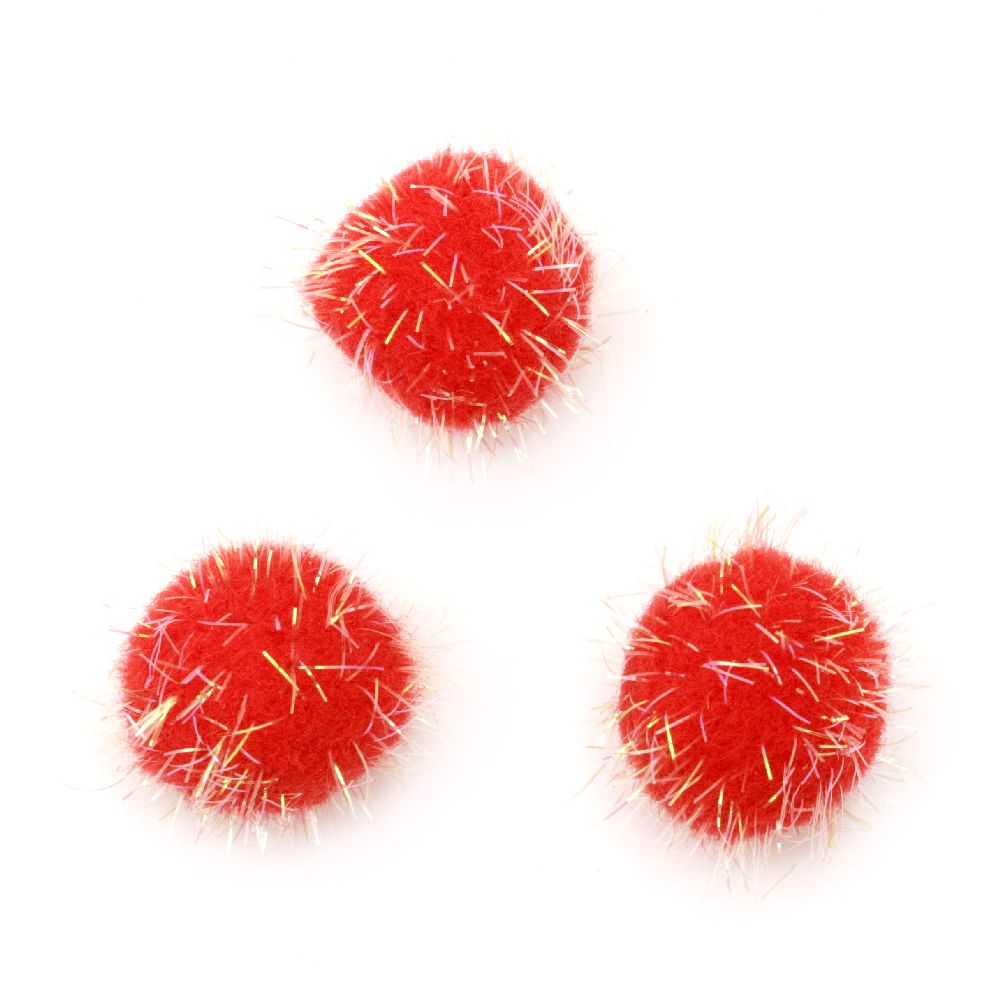 Red Glitter Pompoms with Lame RAINBOW Thread / 30 mm - 10 pieces