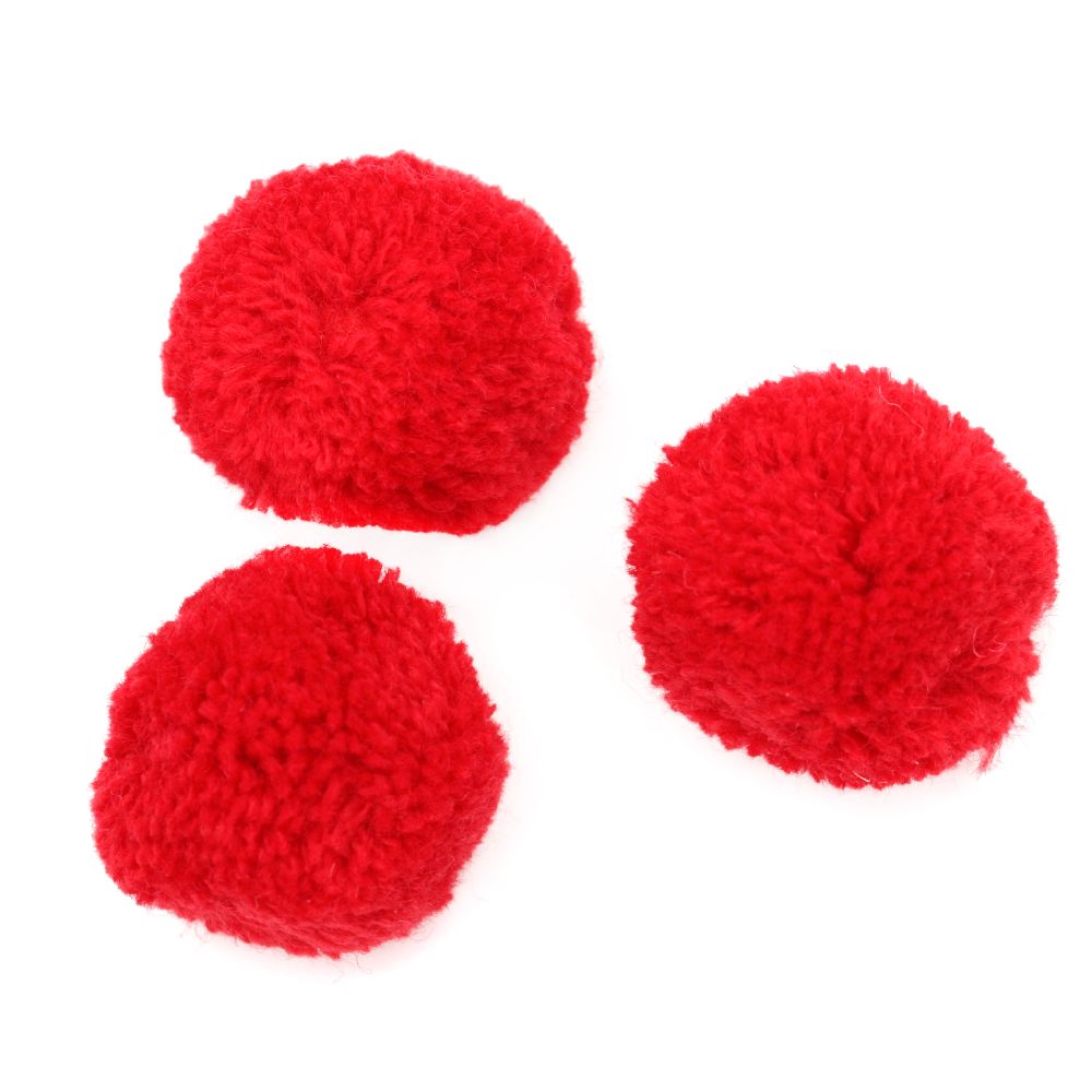 Pompons, 25 mm, Red, Handmade - 10 Pieces