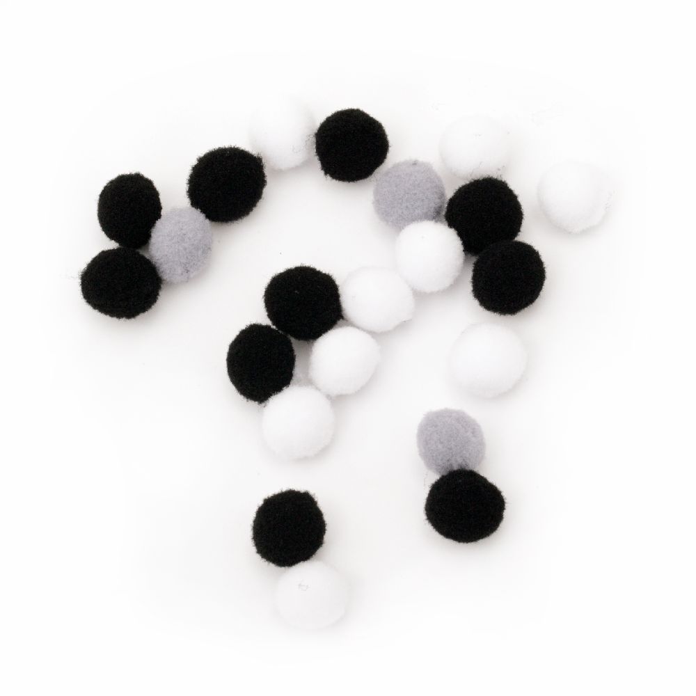 Soft pompoms  for creating fluffy monsters or other kids craft projects 10 mm white-black range - 260 pieces