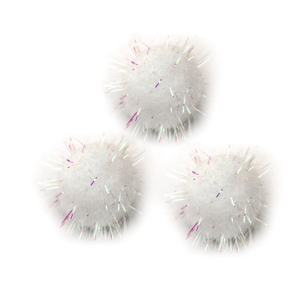 White Glitter Pompoms with Metallic RAINBOW Thread / 25 mm - 20 pieces