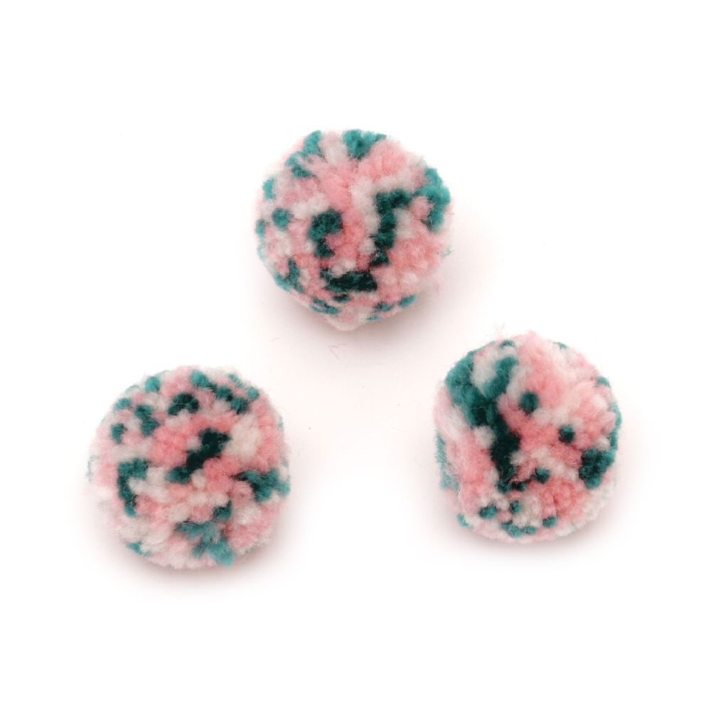 Pompons, 25 mm, White, Pink, Green - 10 Pieces