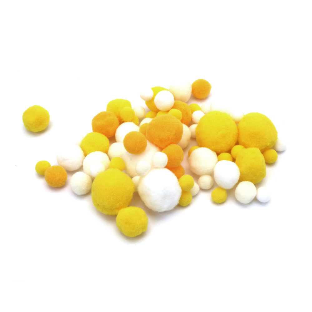 Pompoms from 10 mm to 26 mm in White-Yellow Range ~ 90 pieces - 15 grams