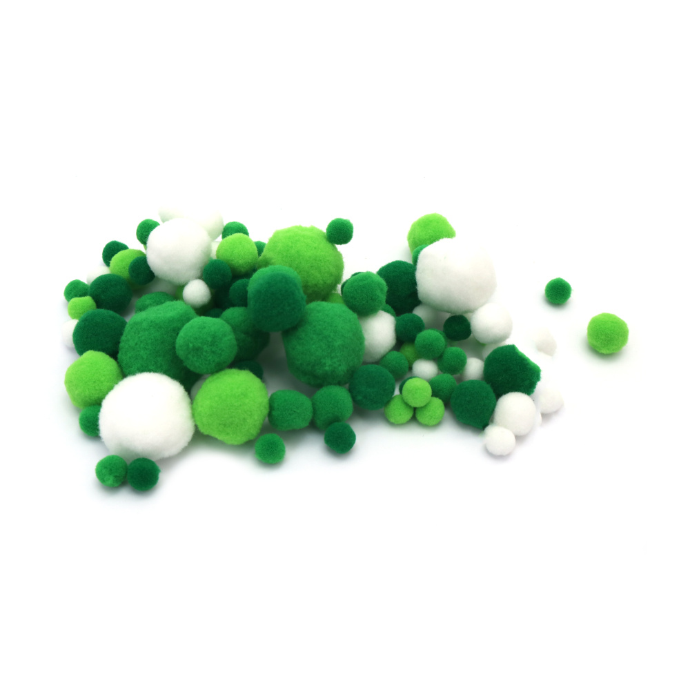 Pompoms from 10 mm to 26 mm in White-Green Range ~ 90 pieces - 15 grams