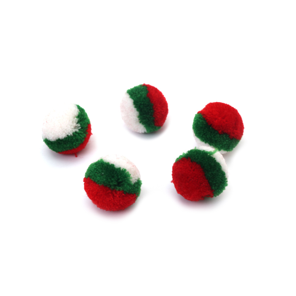 Pompoane albe, verzi și roșii 15 mm – Set de 20 bucăți – Perfecte pentru decorațiuni de Crăciun, hobby creativ și proiecte DIY