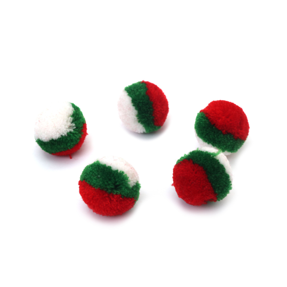 Pompoane asortate alb, verde și roșu, 25 mm – Set de 10 bucăți – Perfecte pentru decorațiuni de Crăciun, hobby, craft & proiecte DIY