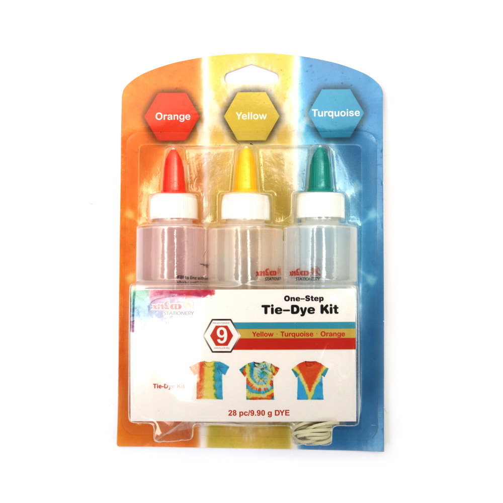Kit de vopsire textilă Tie-Dye în 3 culori - galben, turcoaz, portocaliu