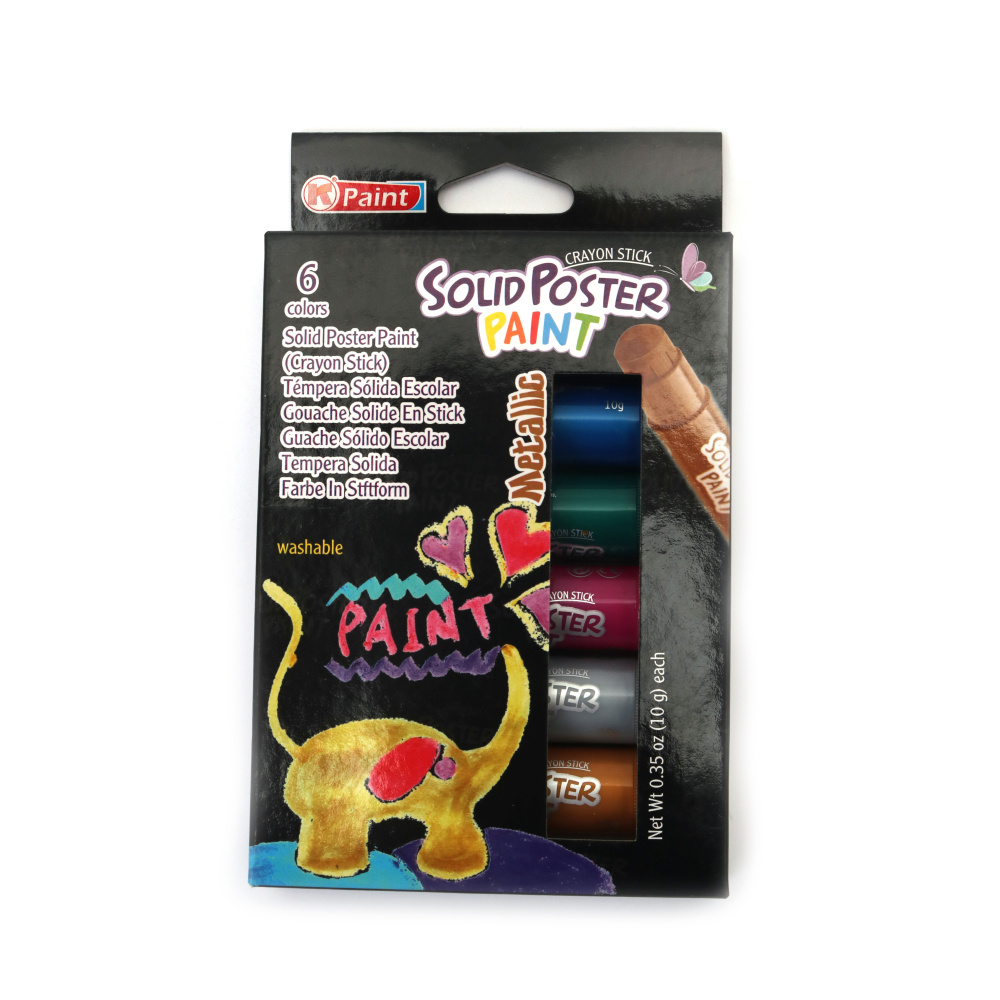 Vopsea solidă metalică pentru postere, vopsea tempera în stick – Set de 6 culori metalice – 10 g