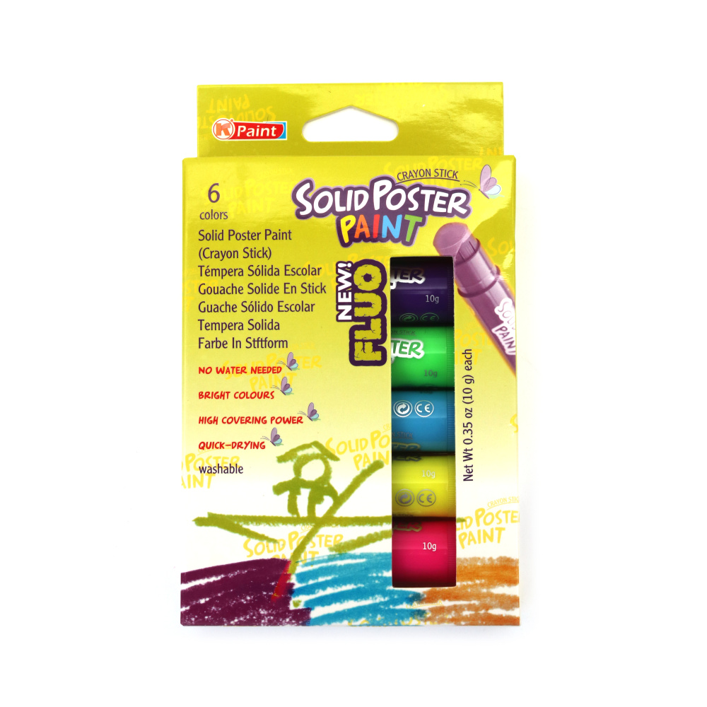 Vopsea fluorescentă solidă tempera pe băț, vopsea solidă pentru postere – set de 6 culori - 10 g
