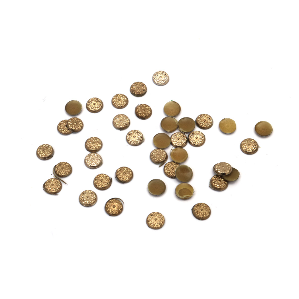 Metal Element, Round with Adhesive, 6 mm, Embossed, Bronze Color - 100 pieces
