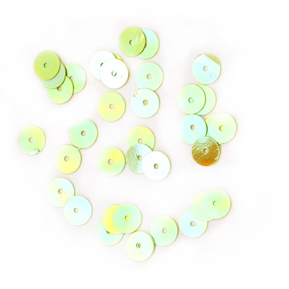 Sequins, Flat Oval Shape, 6mm, Green Rainbow - 20 Grams