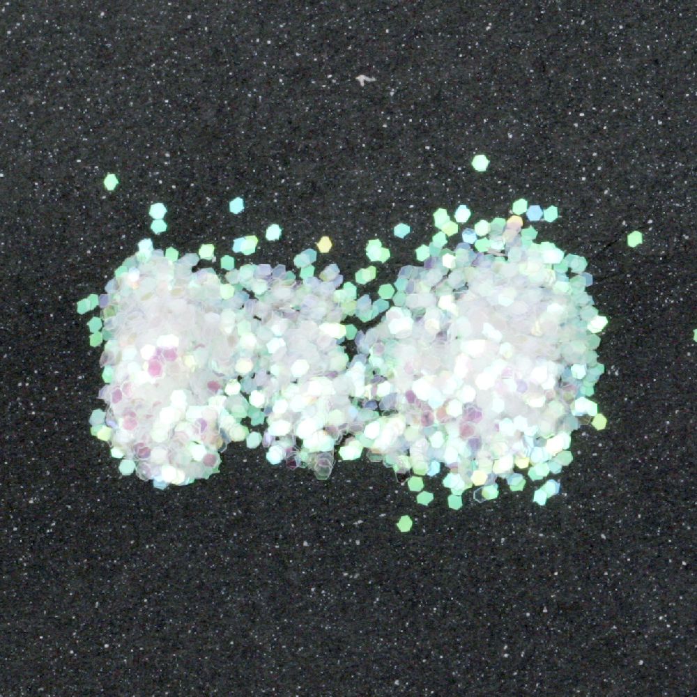 Brocart / sclipici 1 mm 1000 microni hologramă transparentă alb / arc -20 grame