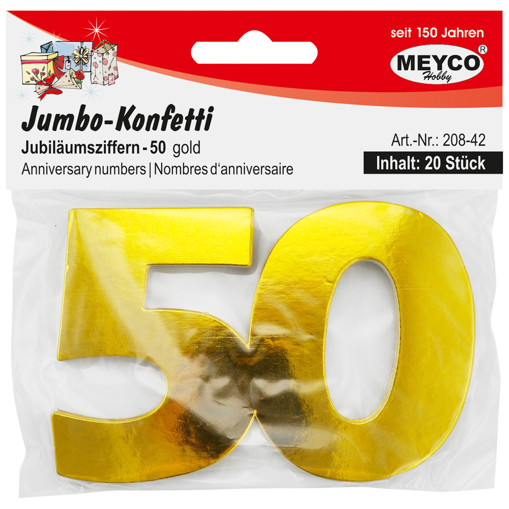 Jumbo Confetti with Anniversary Number 50, Size: 10.5x7 cm, Color: Gold - 20 pieces