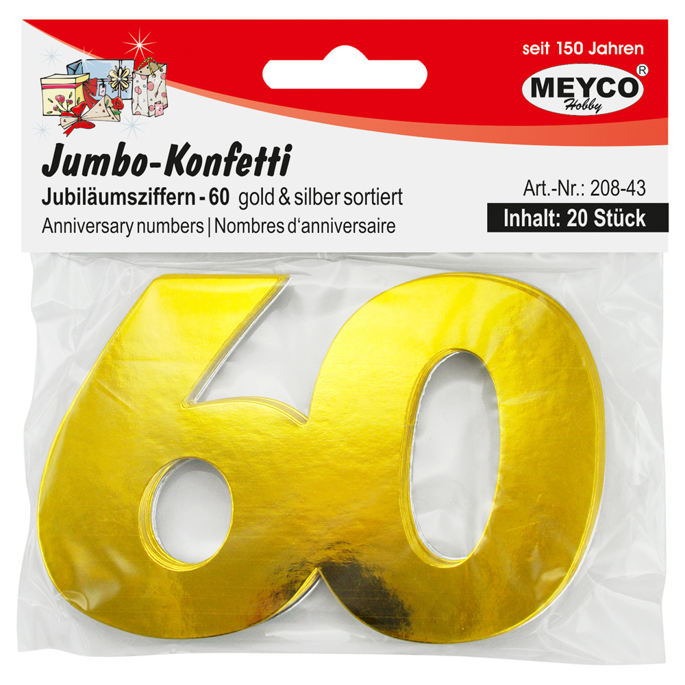 Jumbo Confetti with Anniversary Number 60, Size: 10.5x7 cm, Mix Colors: Silver and Gold - 20 pieces