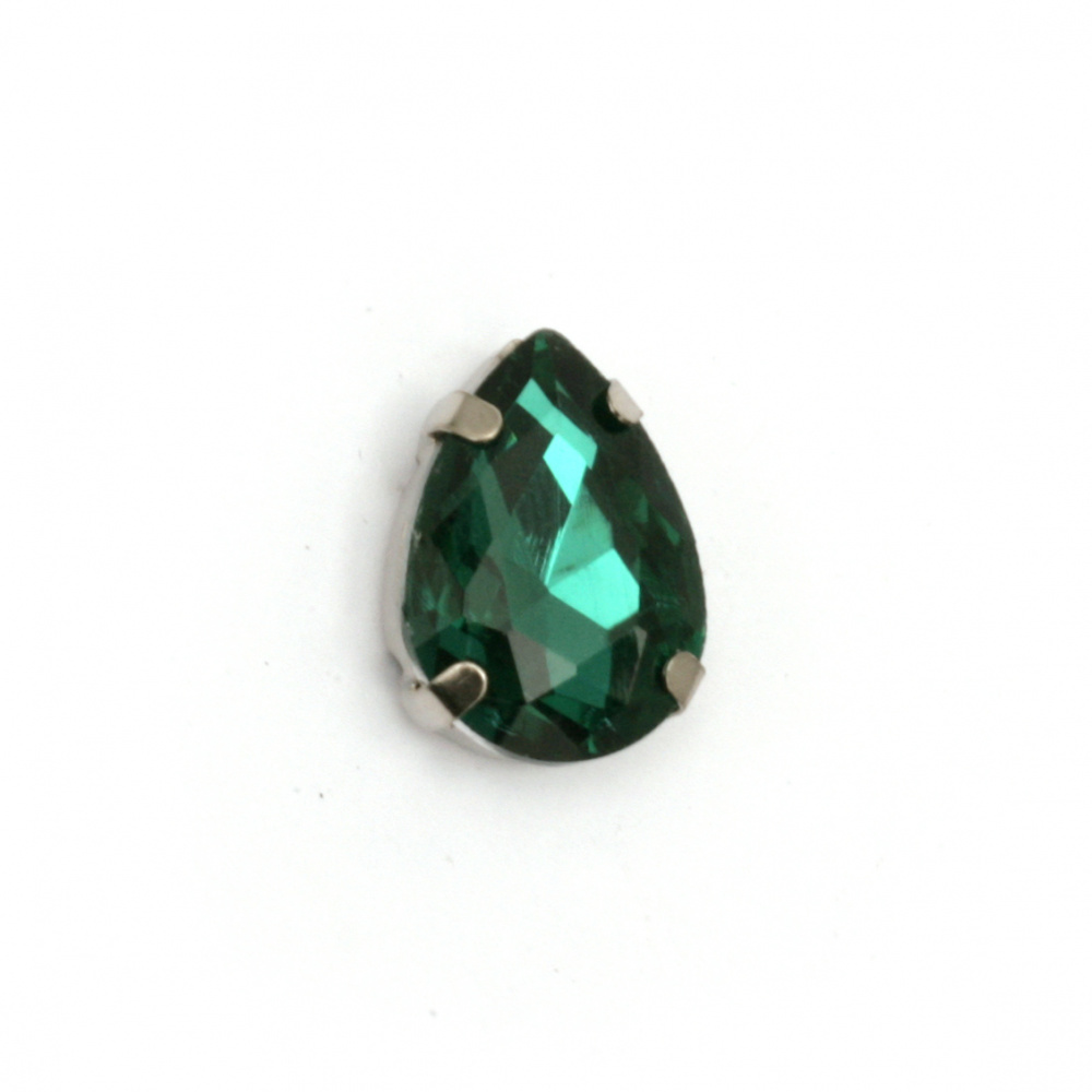 Стъклен камък за пришиване с метална основа капка 13x18x7 мм дупка 1 мм екстра качество цвят зелен