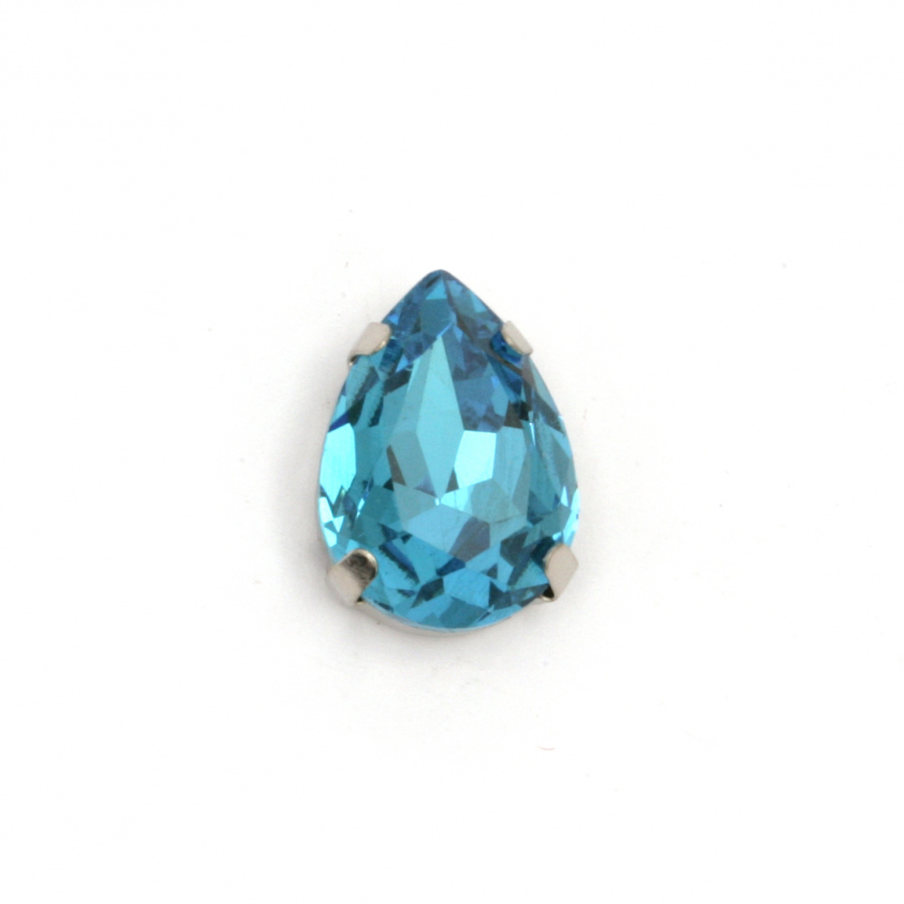 Стъклен камък за пришиване с метална основа капка 13x18x7 мм дупка 1 мм екстра качество цвят син светло