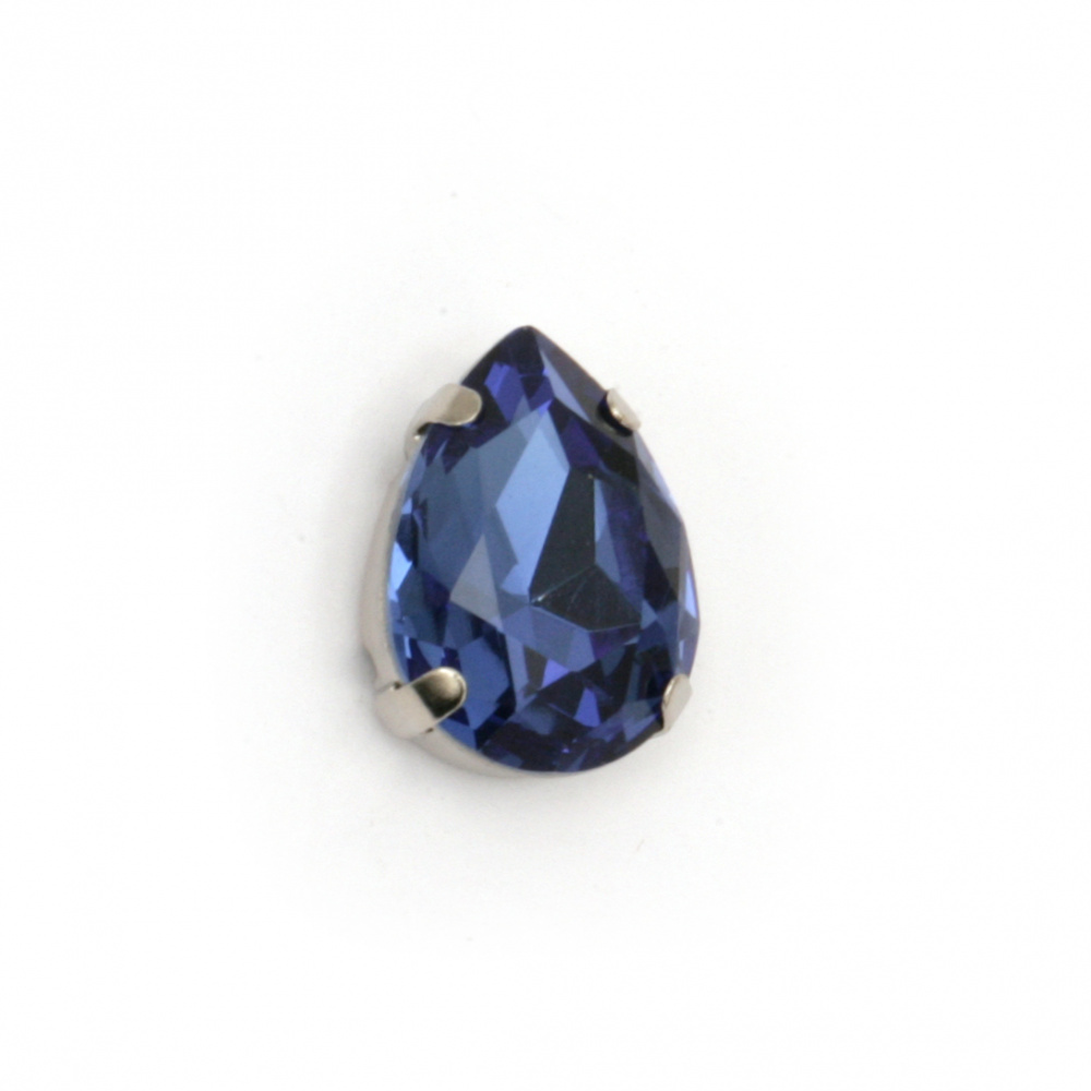 Стъклен камък за пришиване с метална основа капка 13x18x7 мм дупка 1 мм екстра качество цвят син