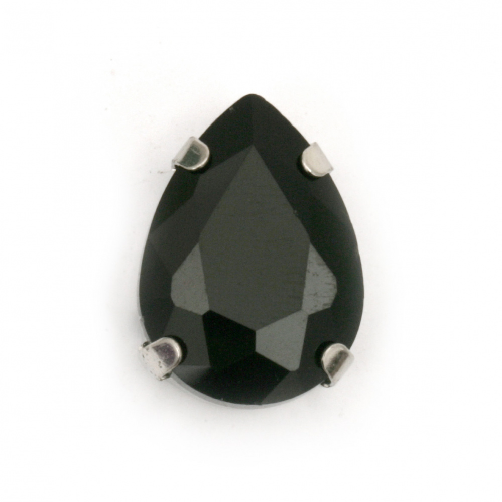 Стъклен камък за пришиване с метална основа капка 13x18x7 мм дупка 1 мм екстра качество цвят черен
