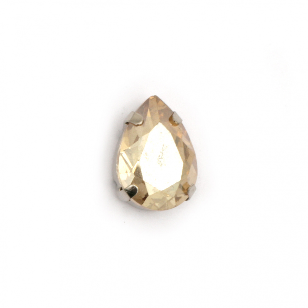 Стъклен камък за пришиване с метална основа капка 13x18x7 мм дупка 1 мм екстра качество цвят златна сянка