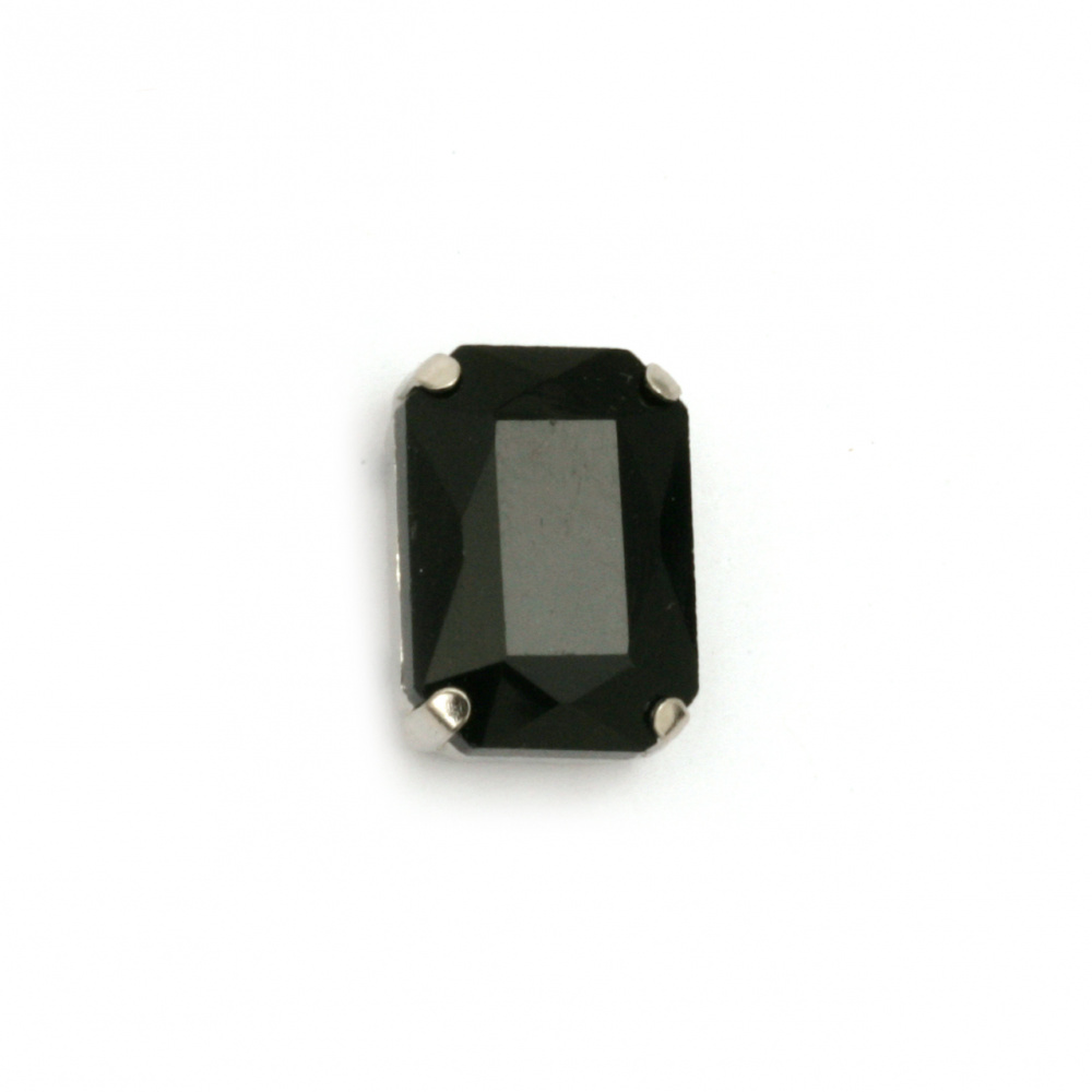Crystal glass stone for sewing with metal base rectangle 14x10x6 mm hole 1 mm extra quality color black