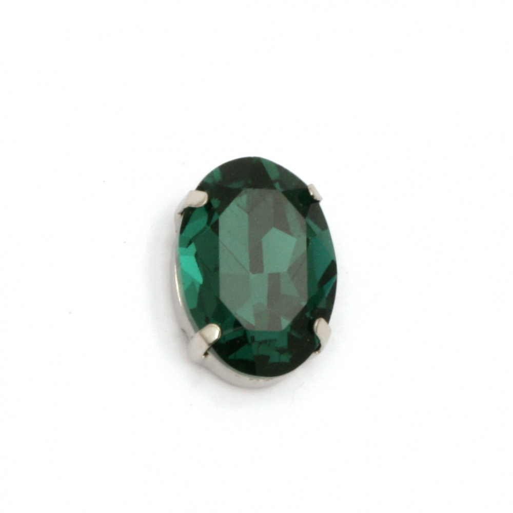Crystal glass stone for sewing with metal base oval 18x13x7 mm hole 1 mm extra quality color green