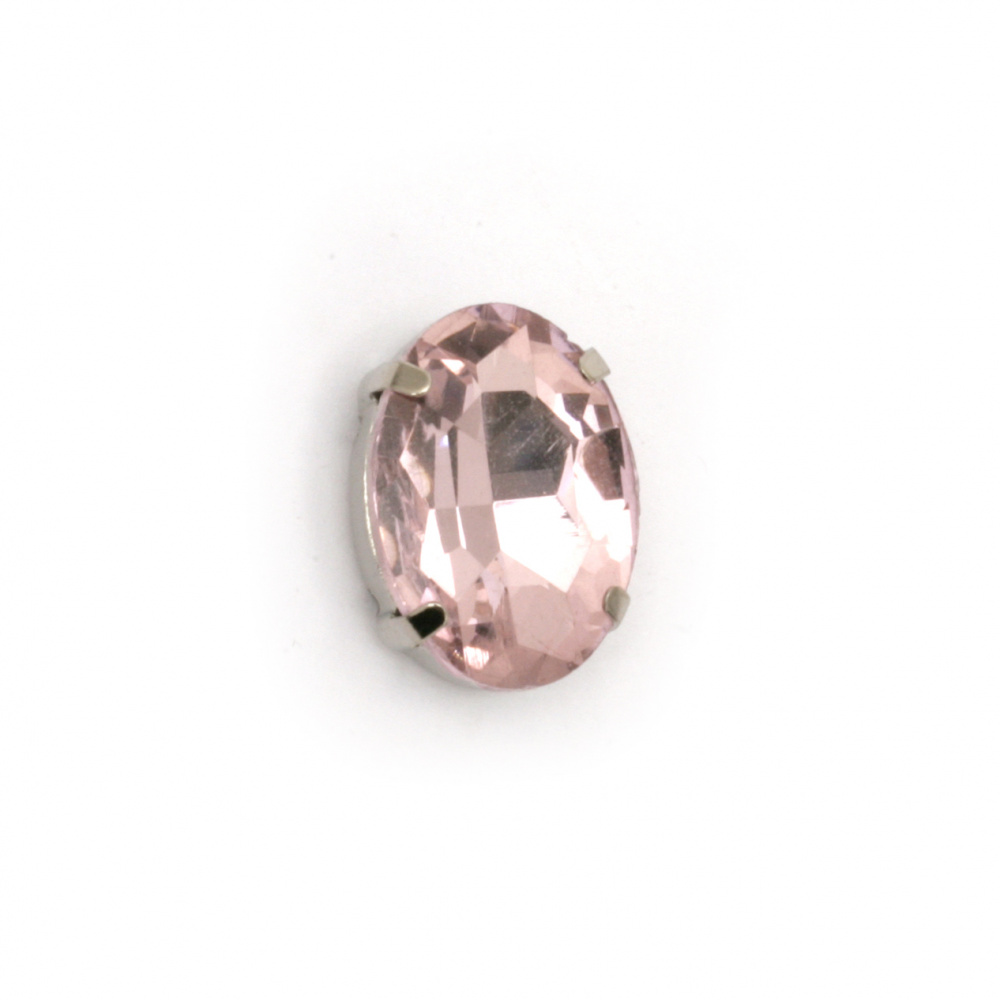 Стъклен камък за пришиване с метална основа овал 18x13x7 мм дупка 1 мм екстра качество цвят розов