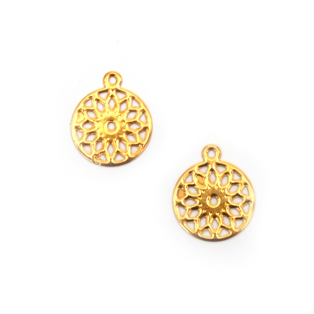 Metal Coin, Coin Pendant with Mandala Flower, Size 15 mm, hole 1.5 mm, gold color - 50 pieces