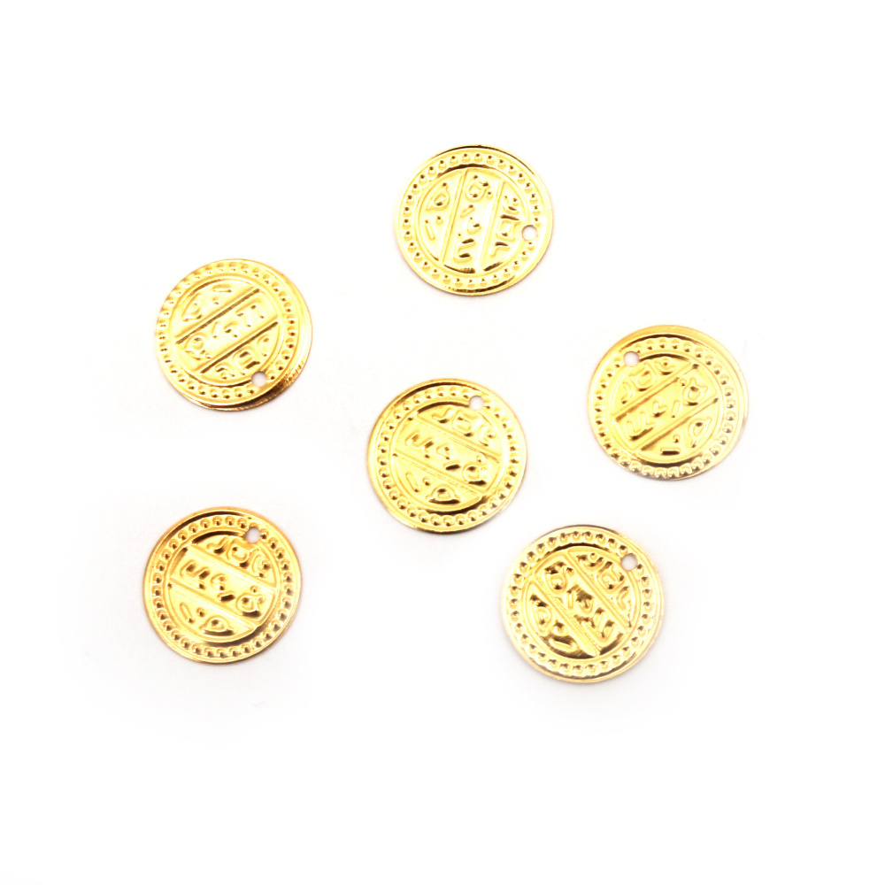 Metal Coin, 15 mm, hole 2 mm, Gold - 50 pieces