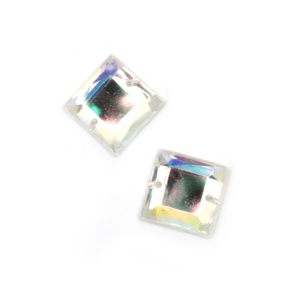 Acrylic Sew-On Stones, 12x12mm, Square Shape, Transparent White, Faceted Rainbow - 20 Pieces