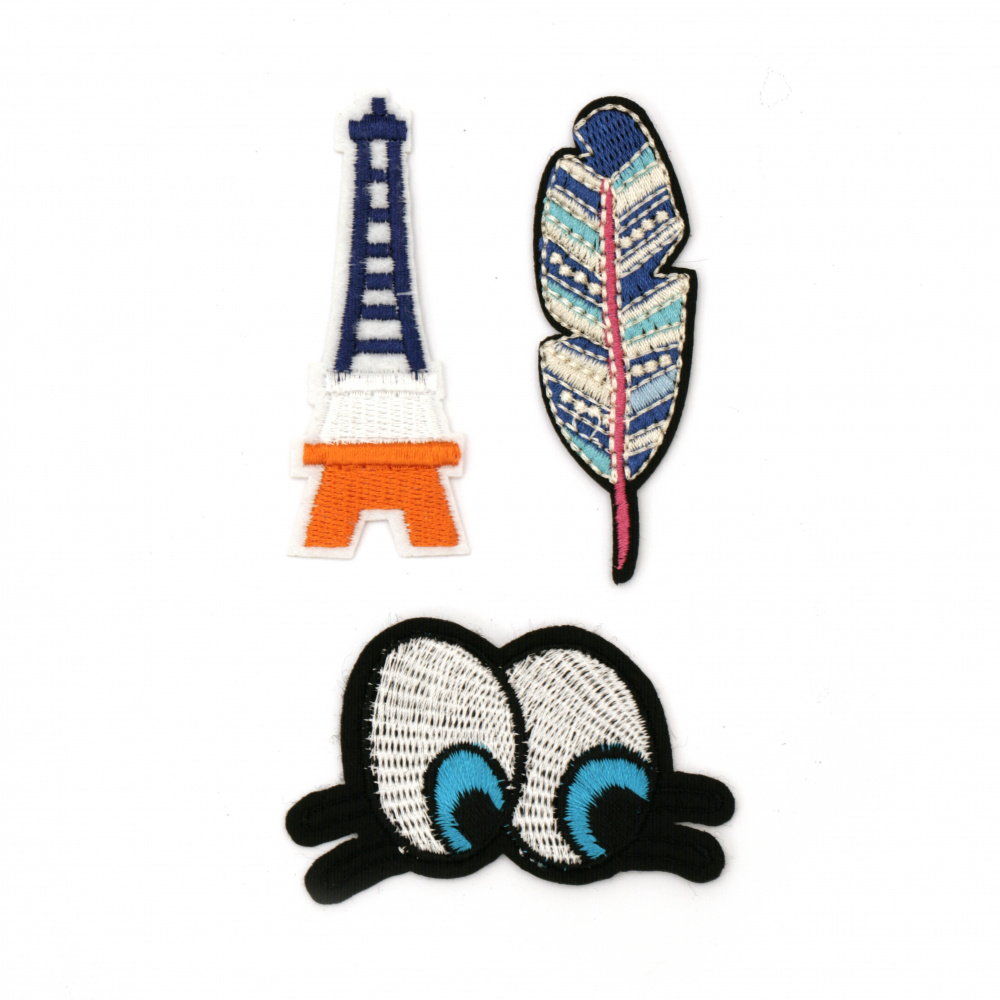 Embroidered Iron-On DIY Patches for clothes, bags, vest, backpacks and more, 3 pieces 70~15x50~75 mm ASSORTED figures - Eyes, Feather, Eiffel Tower