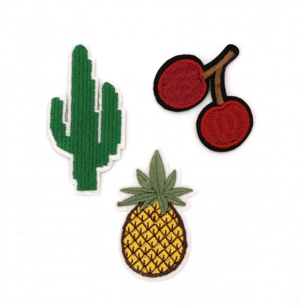 Embroidered Iron-On DIY Patches for clothes, bags, vest, backpacks and more,  35~50x50~70 mm ASSORTED figures - 3 pieces: Pineapple, Cactus and Cherry