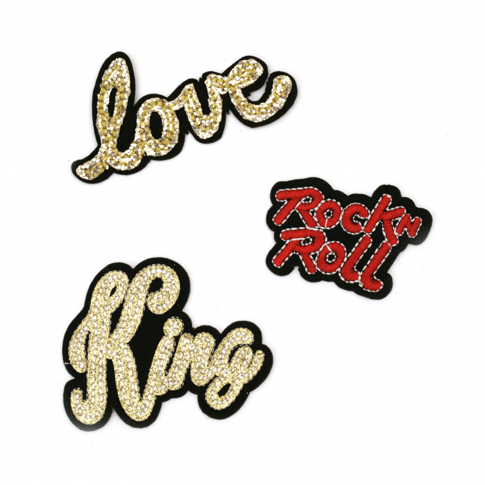 Embroidered Iron On DIY Patches for clothes, bags, vest, backpacks and more, 80~55x55~25 mm ASSORTED inscriptions - 3 pieces: Love, King & Rock N Roll