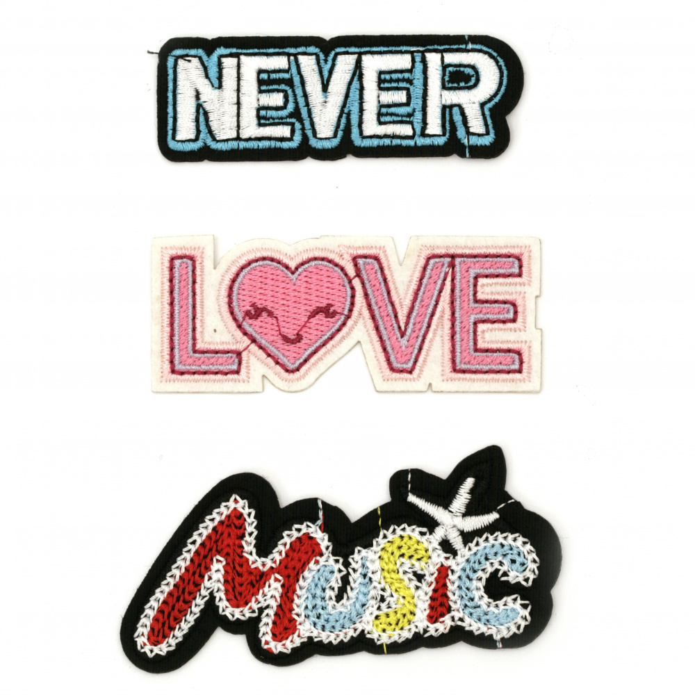 Embroidered Iron On DIY Patches for clothes, bags, shirts, vest, backpacks, jeans, etc. 85~70x40~25 mm ASSORTED inscriptions -3 pieces: Love, Music and Never
