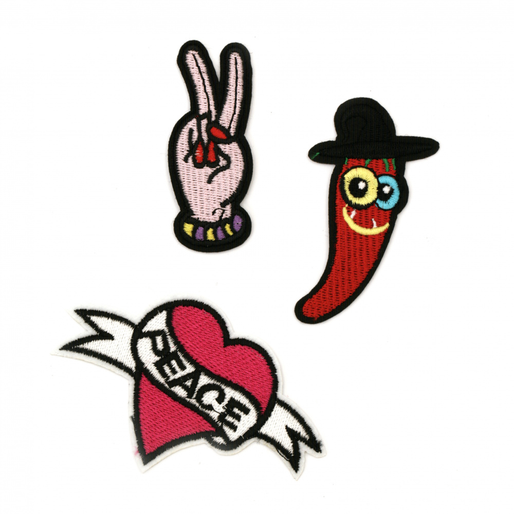 Embroidered Iron-On DIY Patches for clothes, bags, vest, backpacks and more, 90~10x60~75 mm ASSORTED figures - 3 pieces: chillipeper, Peace hand, Peace Heart