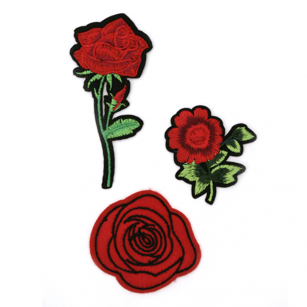 Embroidered Iron On Flower Patches for clothes, bags, dresses, backpacks and more, 60~30x95~55 mm ASSORTED Roses - 3 pieces
