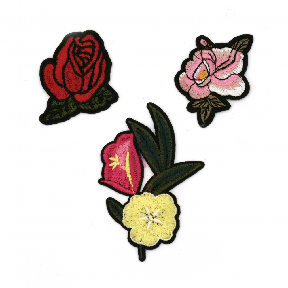 Embroidered Iron On Flower Patches for clothes, bags, dresses, backpacks and more, 60~40x90~60 mm ASSORTED Flowers - 3 pieces