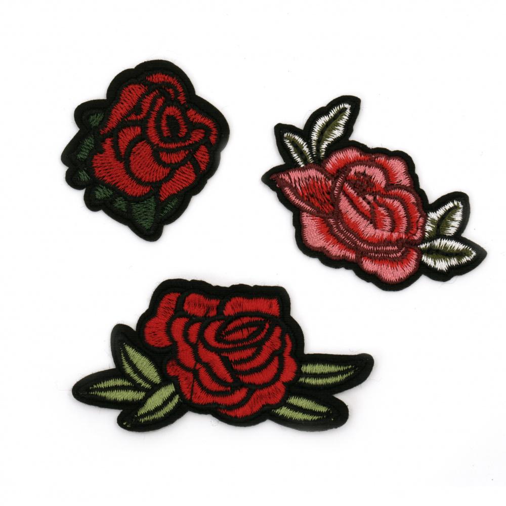 Embroidered Iron On Flower Rose Patches, for clothing - Bags, Shirts, Jeans, Hats, Jackets, dresses, etc., 75~40x45~35 mm, ASSORTED Roses - 3 pieces