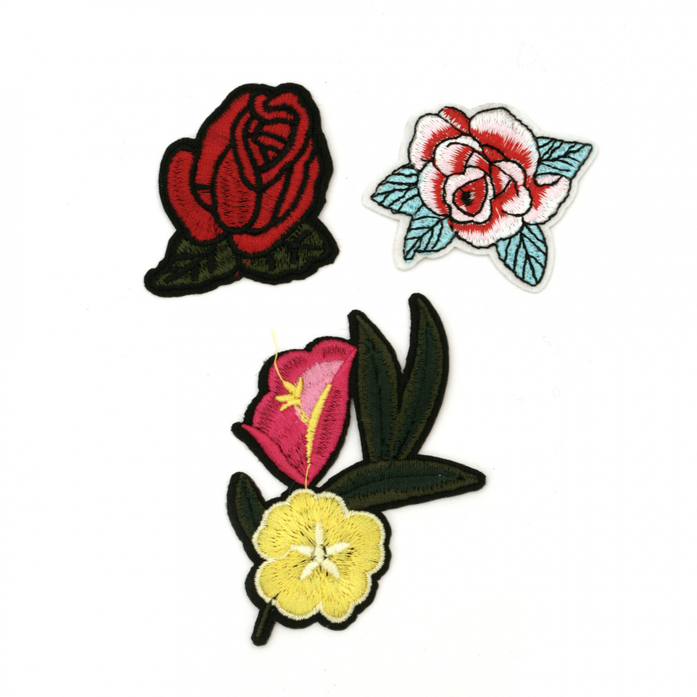Embroidered Flower Patches, Sew On or Iron On Clothes, Bags, Jeans, Hats, Dress, 60~50x90~55 mm, ASSORTED flowers - 3 pieces