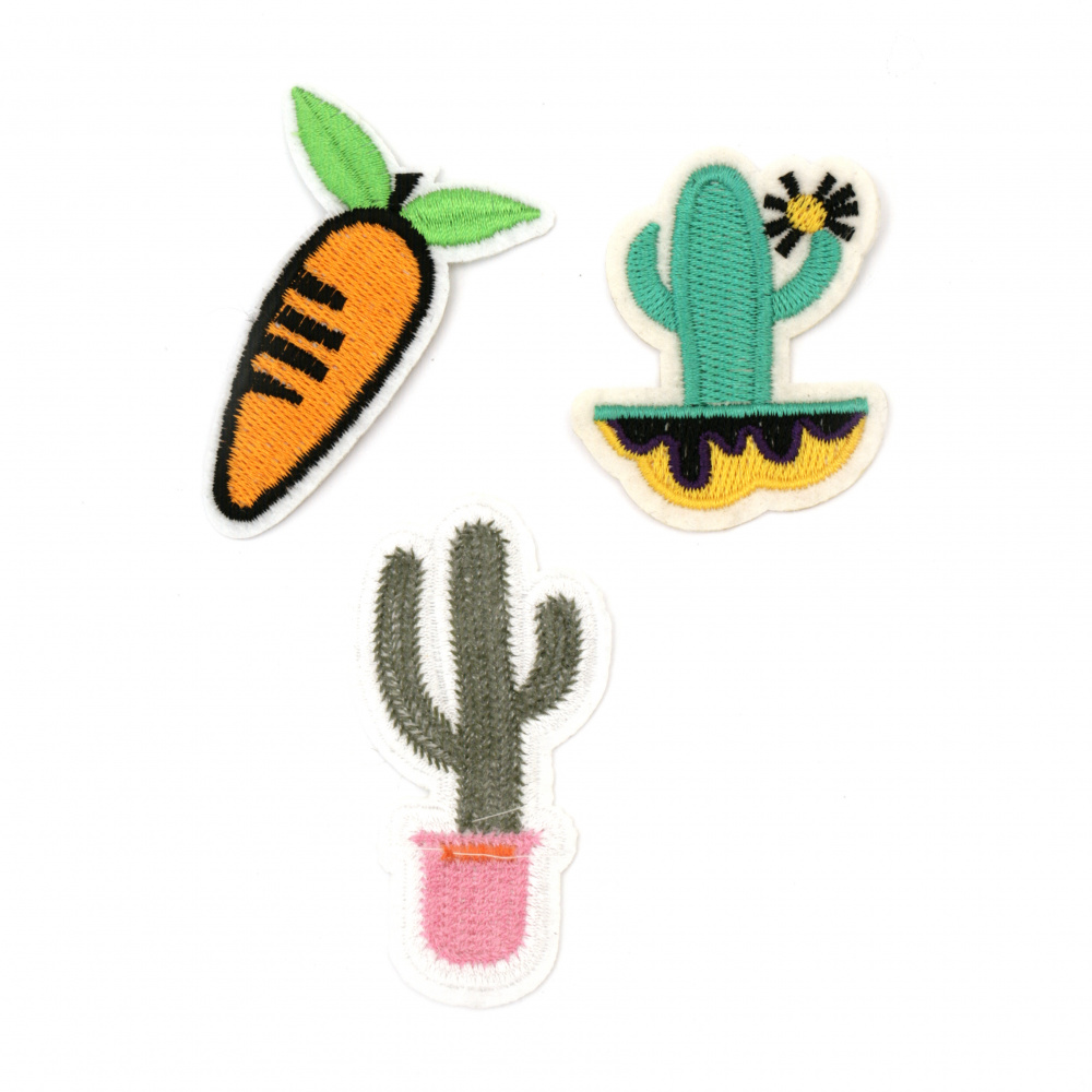 Embroidered Patches, Sew On or Iron On Clothes, Bags, Jeans, Jackets, Hats, Dresses,  20~45x55~65 mm ASSORTED figures - 3 pieces: Carrot and Cactus