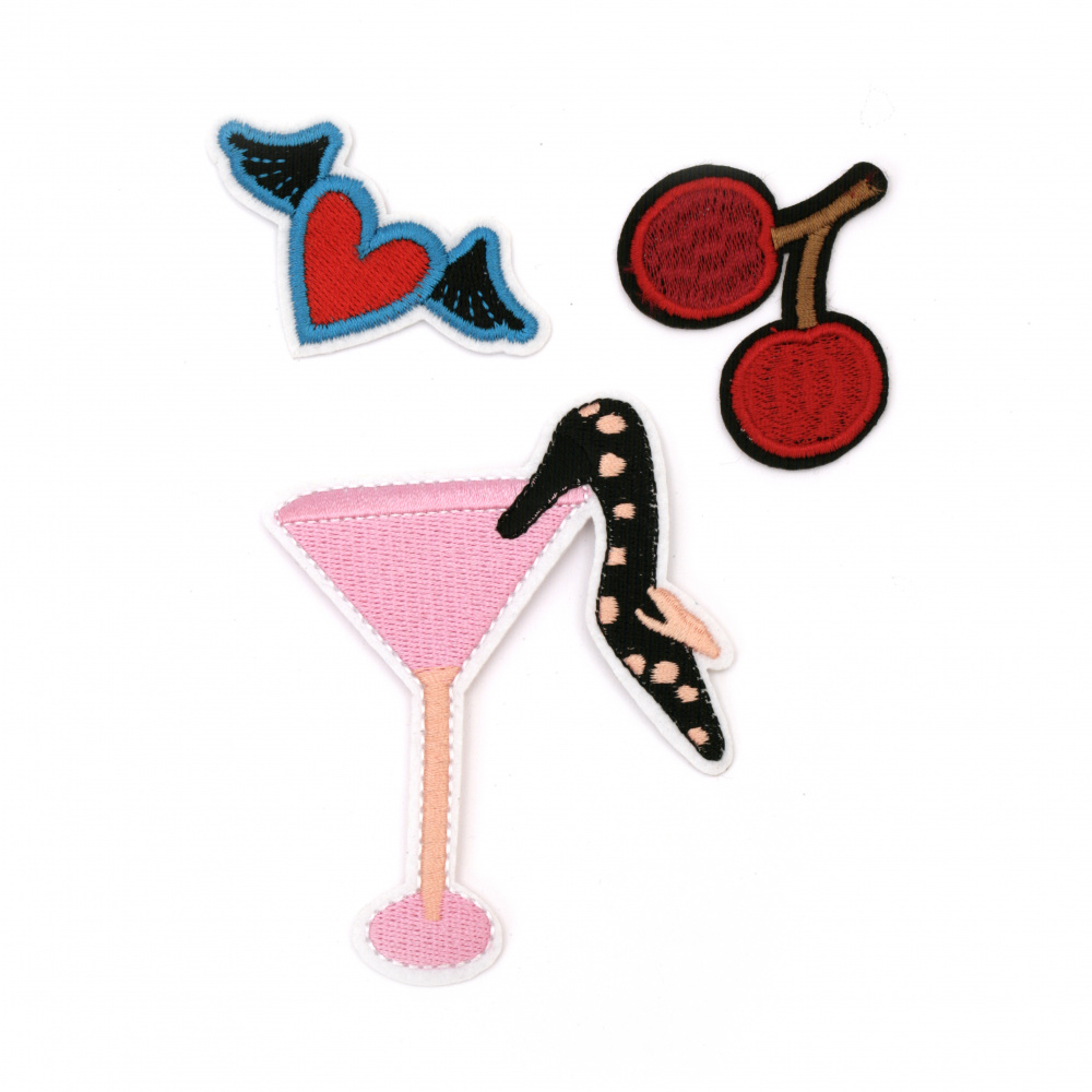 Embroidered Iron-On Sew-On Applique for Cloths, Pants, Jackets, Hats, Jeans, DIY Accessories, 50~75x50~90 mm, ASSORTED figures - 3 pieces: Cocktail glass with shoe, Cherries, Flying Heart Stickers