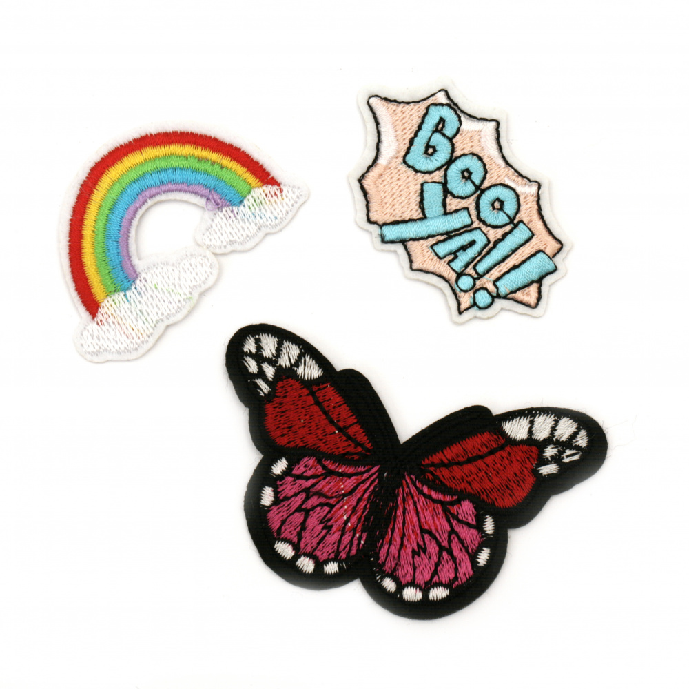 Embroidered Iron-On Sew-On Applique, Patches for Cloths, Pants, Jackets, Hats, Jeans, DIY Accessories, 55~80x35~50 mm ASSORTED figures - 3 pieces: Rainbow, "Boo Ya!" sign, Butterfly stickers